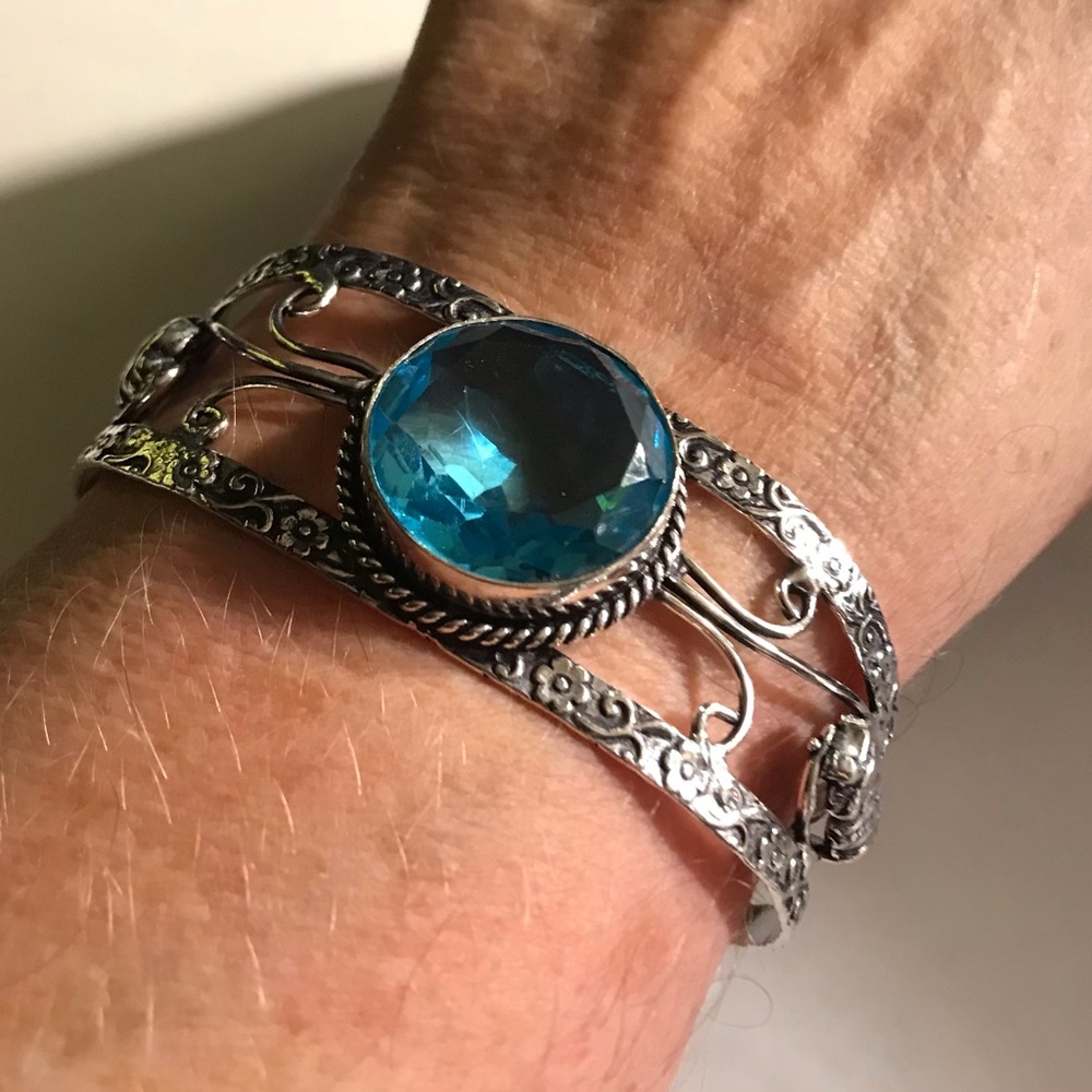 Blue Topaz Stamped 925 Sterling Silver Cuff Bracelet
